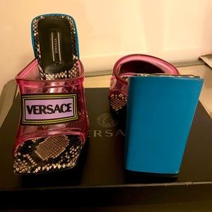 Versace Runway Pink Pvc 90's Logo Square Toe Mule